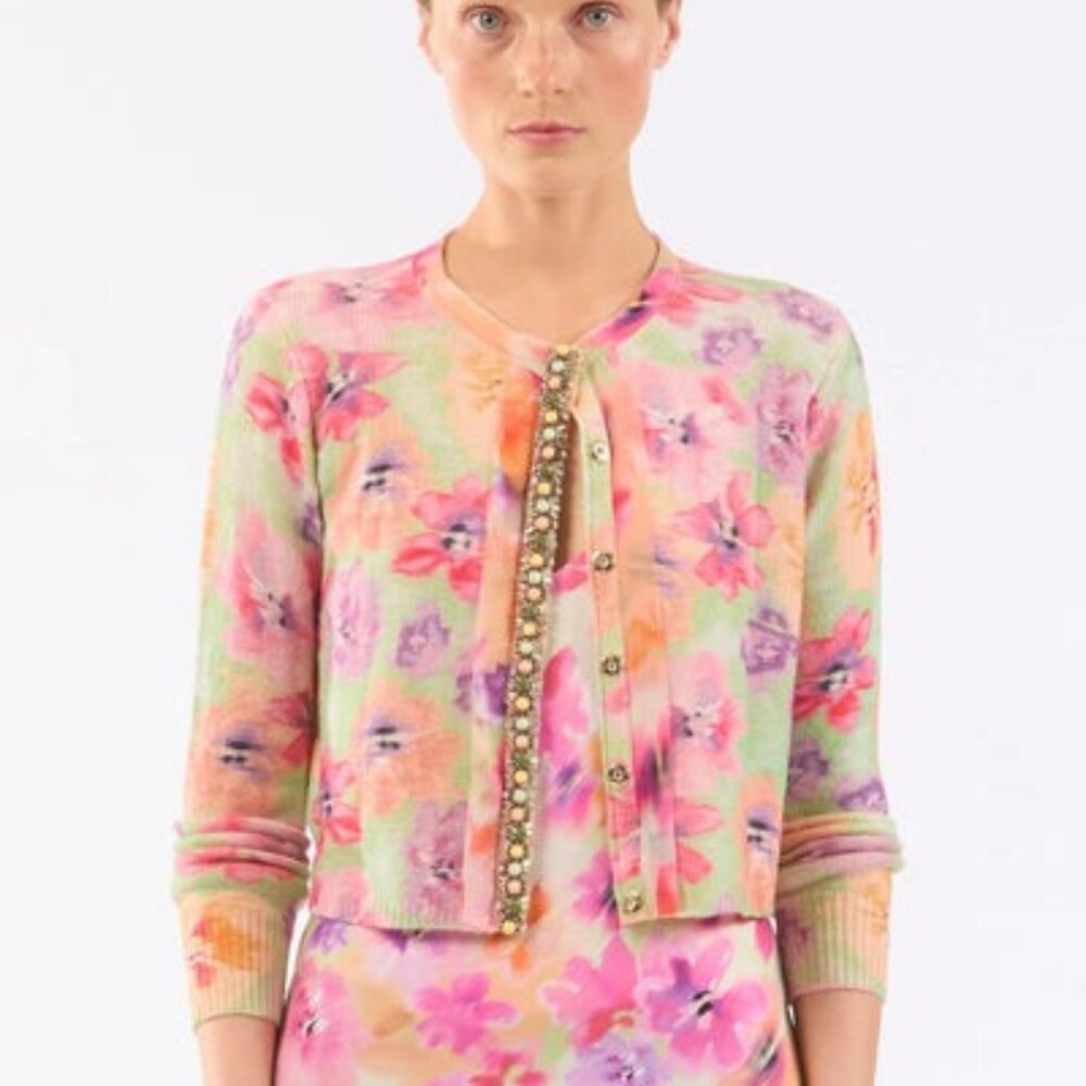 Le Superbe Coquette Sweater in Frida Flowers cashmere floral cardigan rhinestone